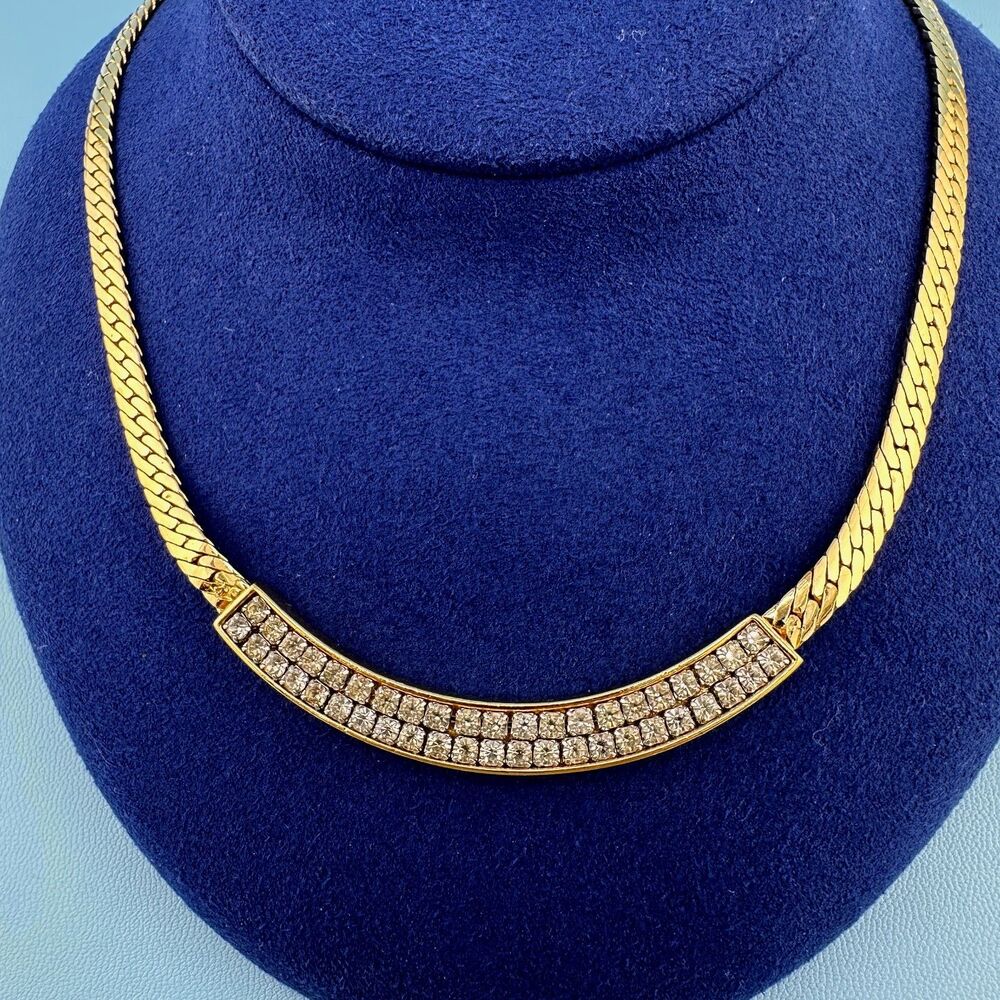 Vintage Swarovski Necklace Clear Pave Crystals Gold Tone Herringbone Signed SAL